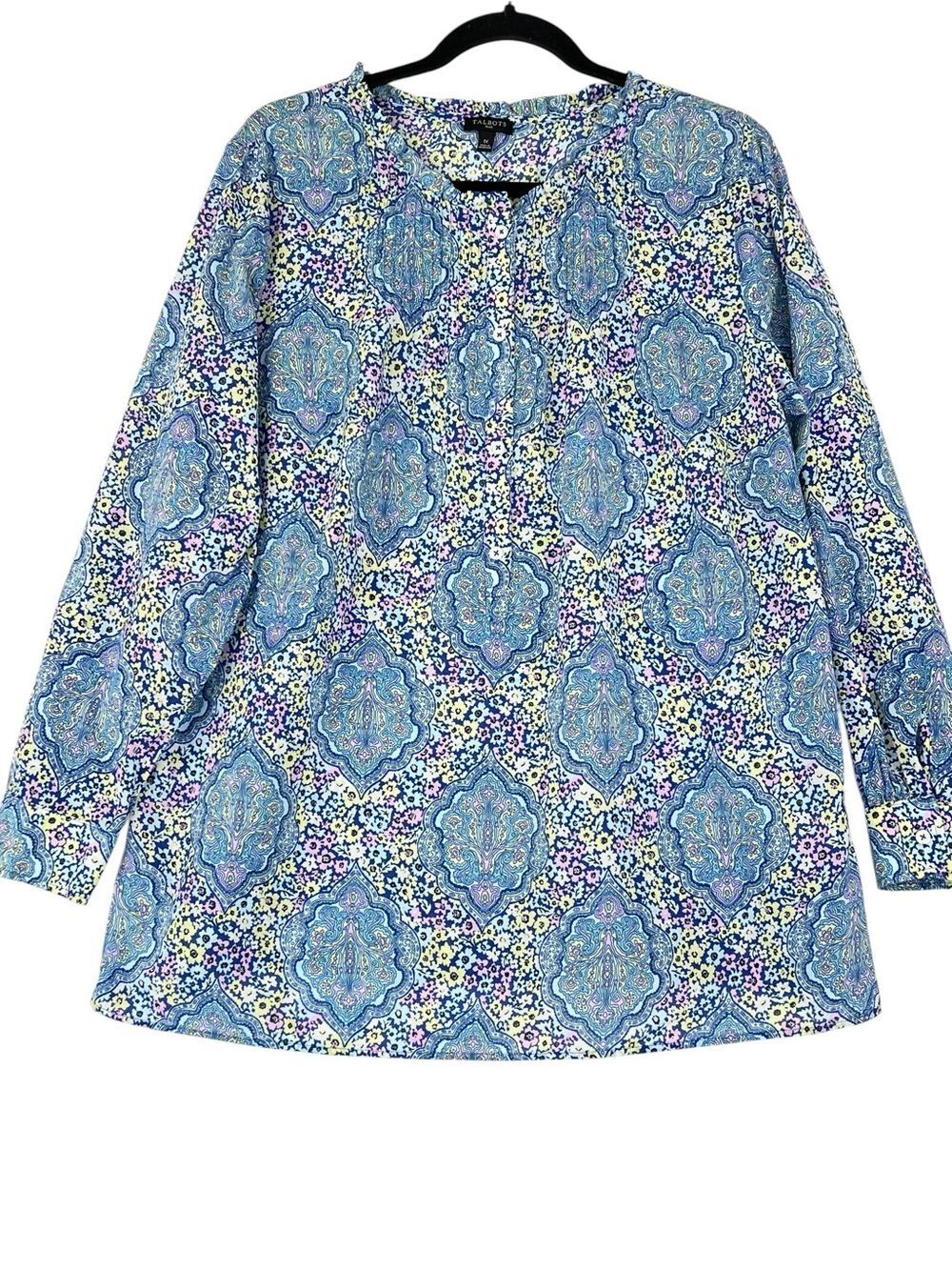 Talbots PINTUCK POPOVER Plus 1X Blue Medallion Lightweight Cotton Feminine